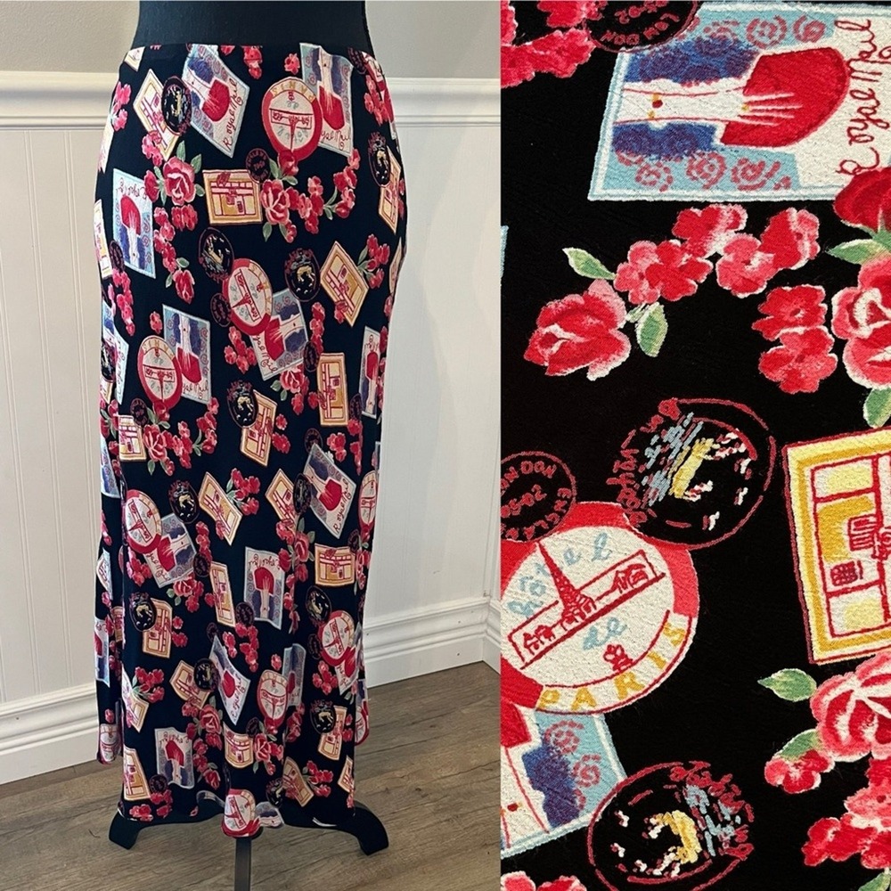 Vintage Women's Twyla Blu Midi Skirt Black Floral Medium